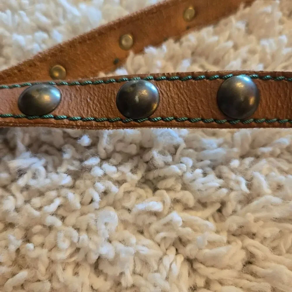 Vintage Leather Skinny Belt Big Rivets Brown Large